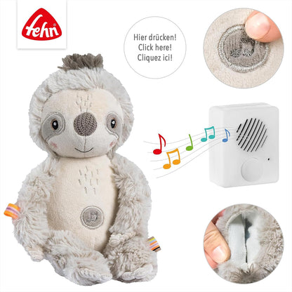 FEHN Leniwiec przytulanka z Cry Sensorem 19cm, miękka zabawka z modułem dźwiękowym i kojącymi melodiami dla niemowląt