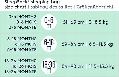 HALO śpiworek do spania letni 84-98cm 0,5TOG — tabela rozmiarów SleepSack 18-36 miesięcy