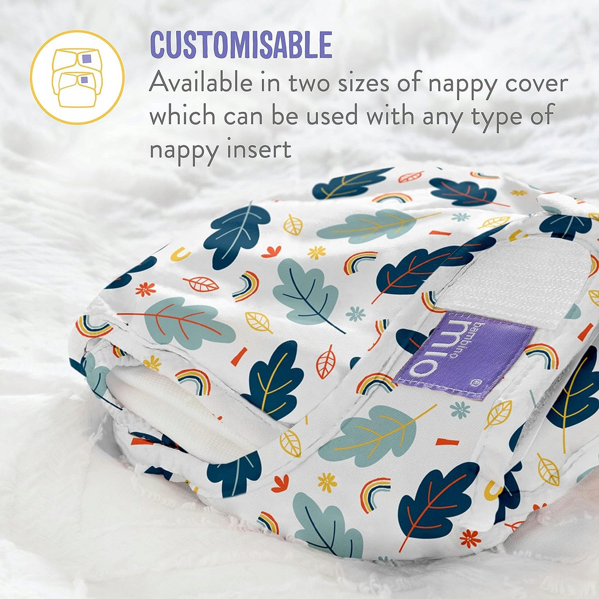 BAMBINO MIO otulacz na pieluchę <9kg niebieski w liście i tęcze, wielorazowy nappy cover z podwójnymi gumkami