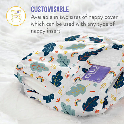 BAMBINO MIO otulacz na pieluchę <9kg niebieski w liście i tęcze, wielorazowy nappy cover z podwójnymi gumkami