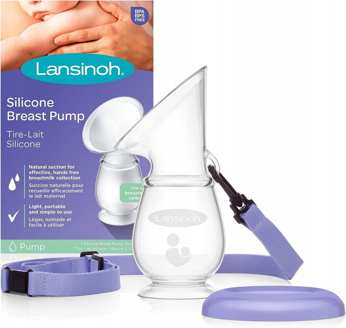 LANSINOH kolektor silikonowy BPA free, uniwersalny odciagacz mleka z paskiem, lekki i przenosny