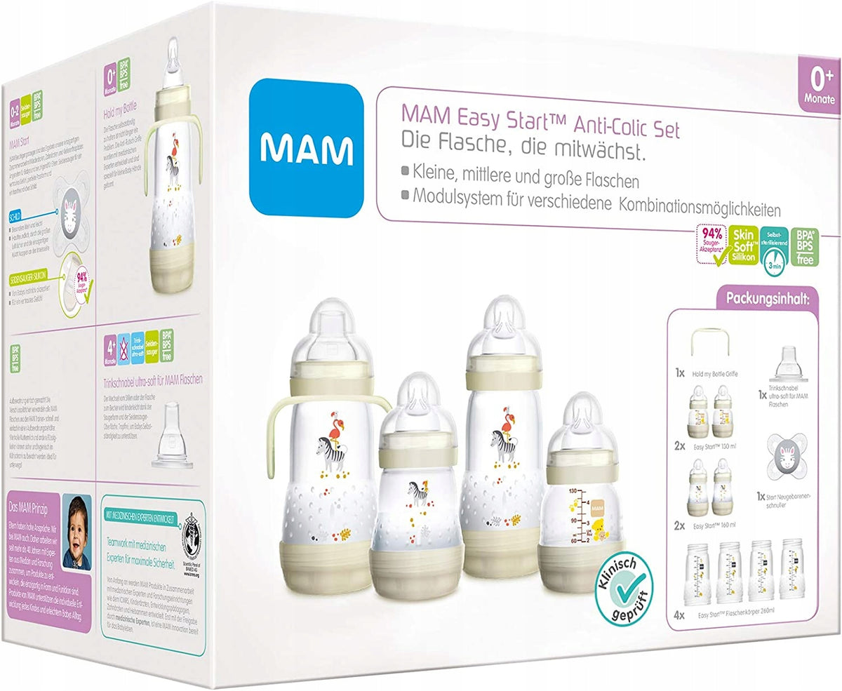 MAM zestaw startowy Easy Start Anti-Colic XXL 11el. butelki antykolkowe 0+ beżowe, BPA/BPS free