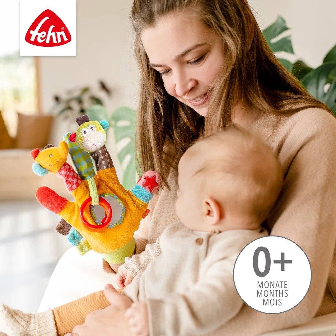 Fehn Safari pacynka sensoryczna z grzechotką, kolorowa zabawka dla niemowląt 0+ z elementami do chwytania i zabawy