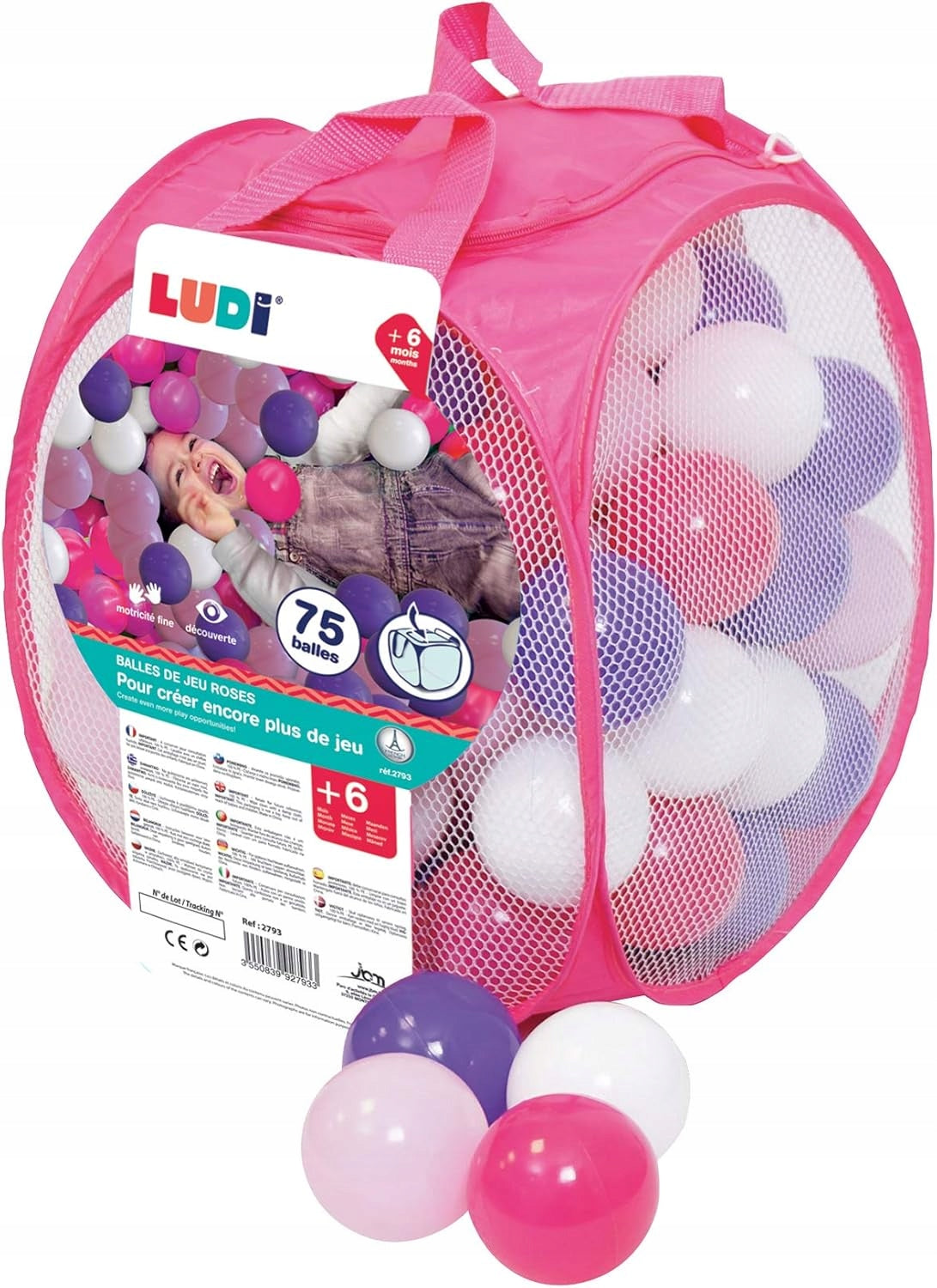 LUDI piłki do suchego basenu 75szt. różowe piłki do basenu suchego dla dzieci 0+ w siatce
