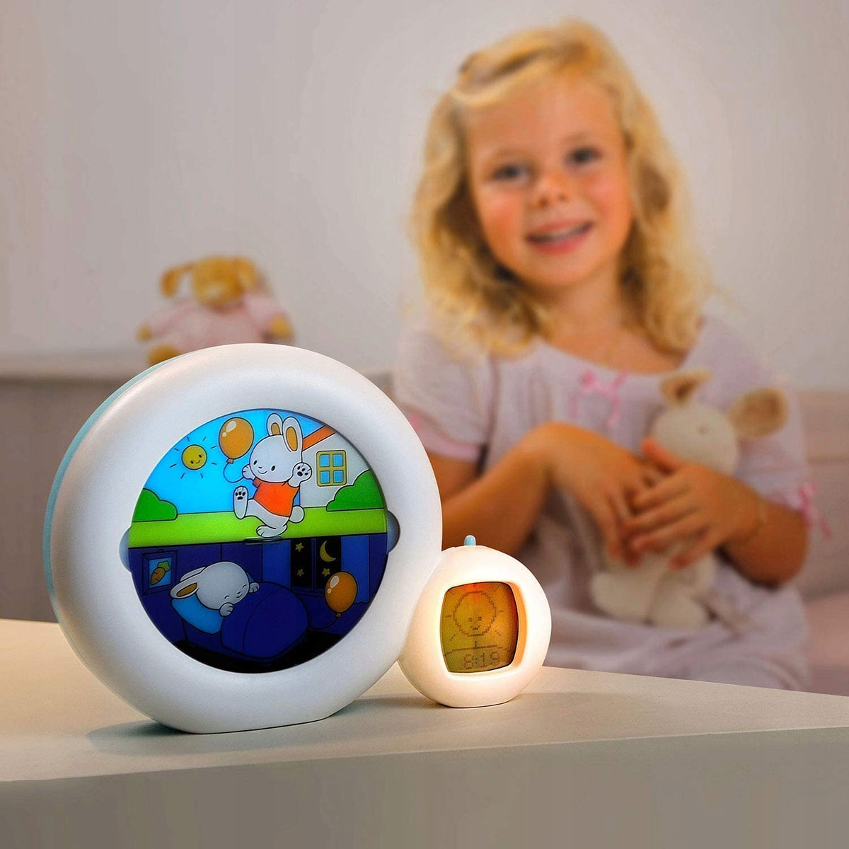 PABOBO Kid'Sleep Moon 3w1 budzik treningowy - budzik i lampka nocna dla dzieci, biało-turkusowy