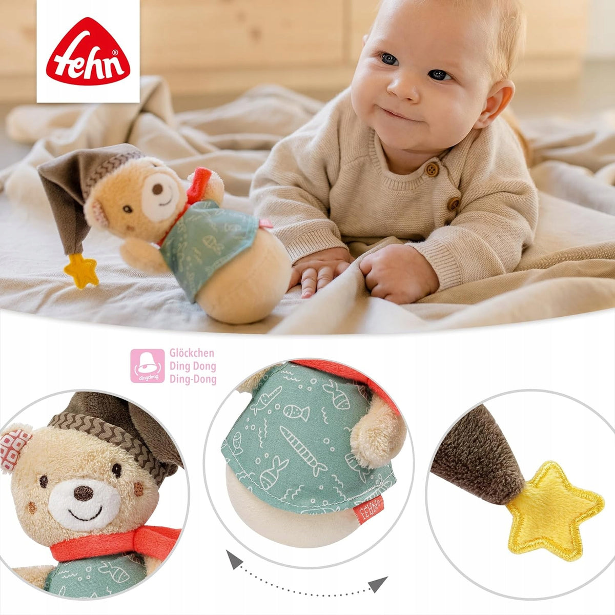 FEHN Bruno mackó csörgő rágóka 14 cm