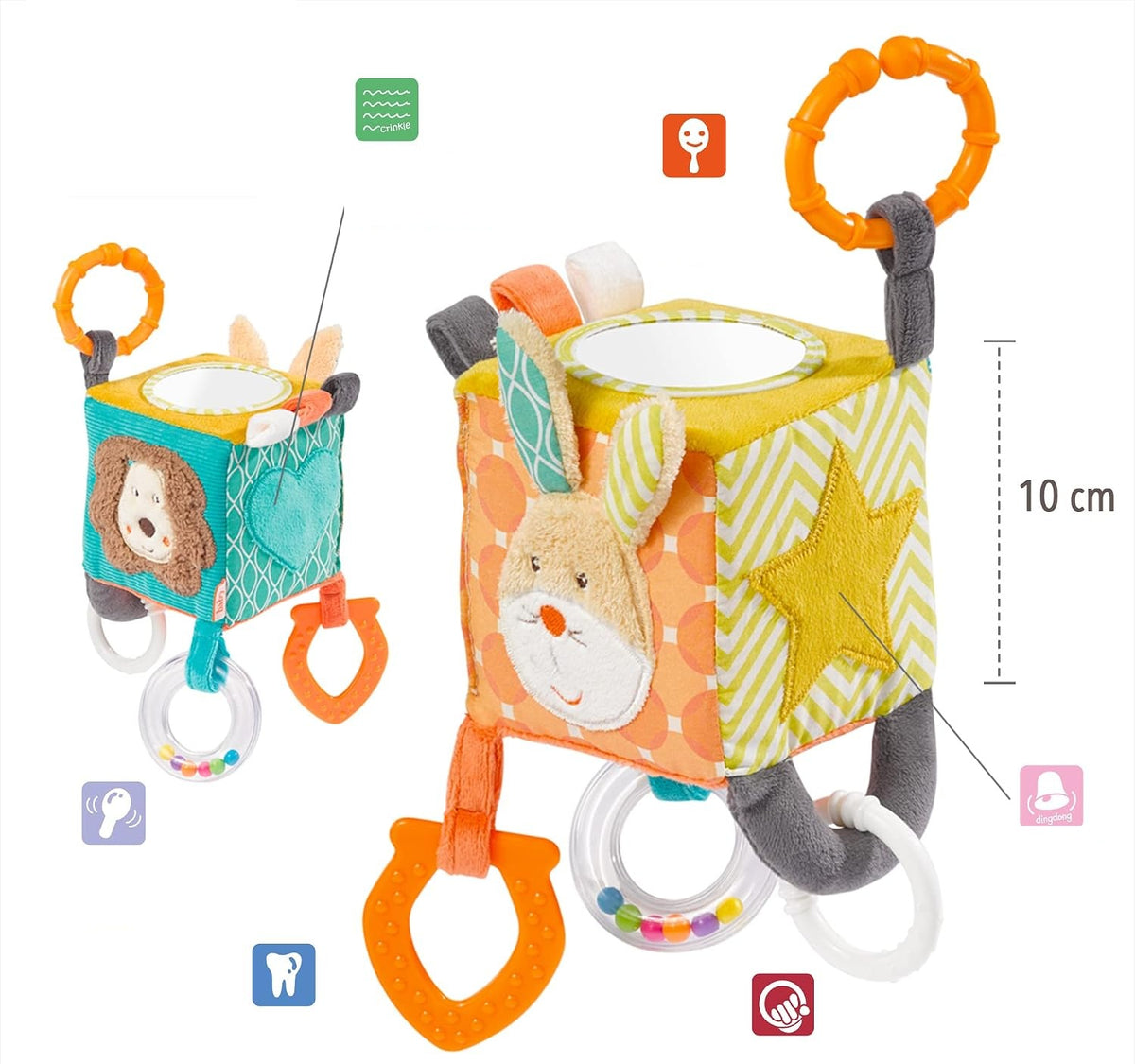FEHN Activity Cube plyšová závěsná kostka s chrastítkem 10 × 10 cm