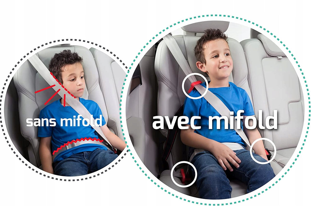 MIFOLD kompaktowy fotelik samochodowy 15-36 kg zapewnia wygodne i bezpieczne prowadzenie pasa dla dziecka w aucie