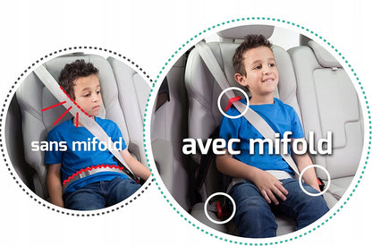 MIFOLD kompaktowy fotelik samochodowy 15-36 kg zapewnia wygodne i bezpieczne prowadzenie pasa dla dziecka w aucie