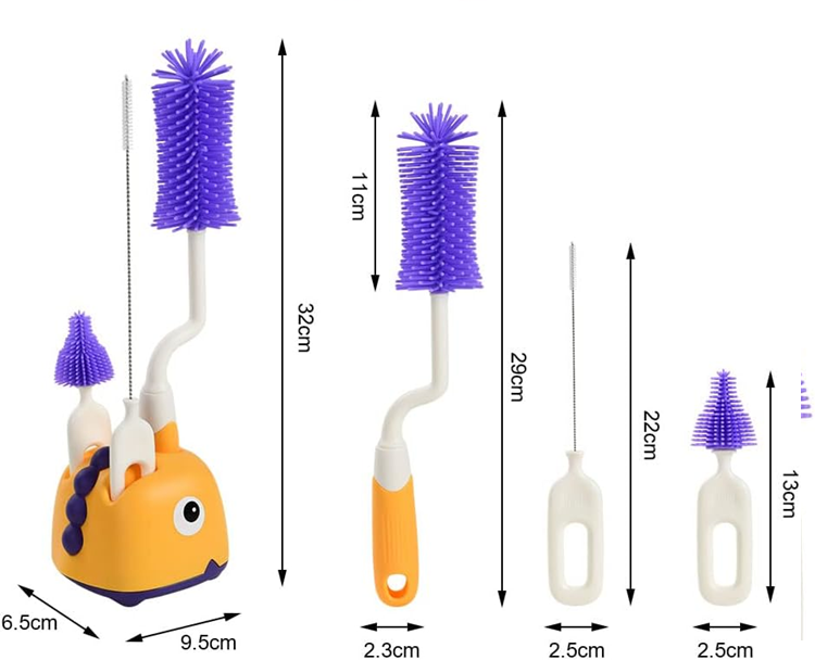 VICLOON 3-in-1 siliconen borstels voor het reinigen van flessen, fopspenen en rietjes 32cm
