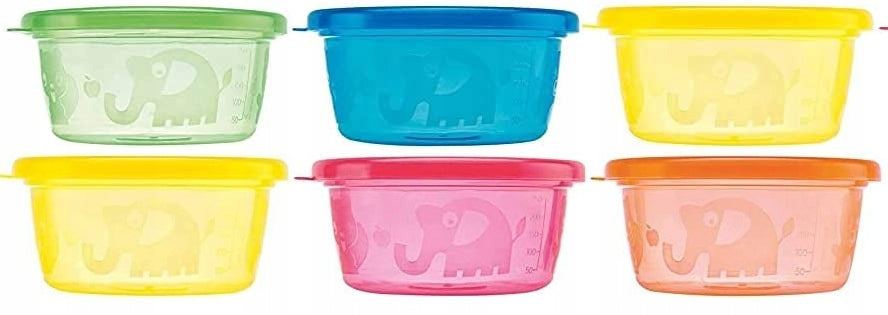 NUBY pojemniki na przekąski 6x300, 6 pojemników 300 ml, kolorowe, do mikrofalówki i zmywarki