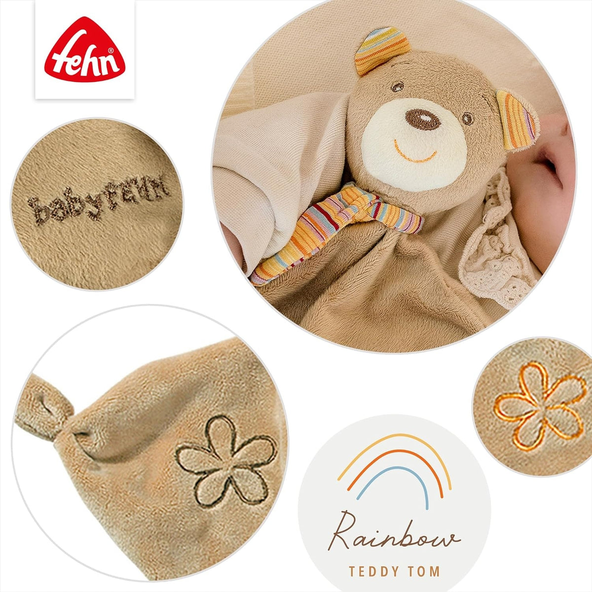 FEHN RAINBOW komforter przytulanka 26 x 28 cm MIŚ beżowy, miękki miś uspokajający dla niemowląt