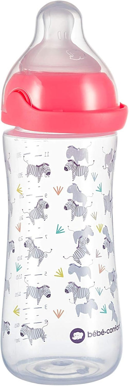 BEBE CONFORT Emotion Physio butelka 6 m+ 360 ml ZEBRA, różowa butelka dla niemowląt z motywem zebry