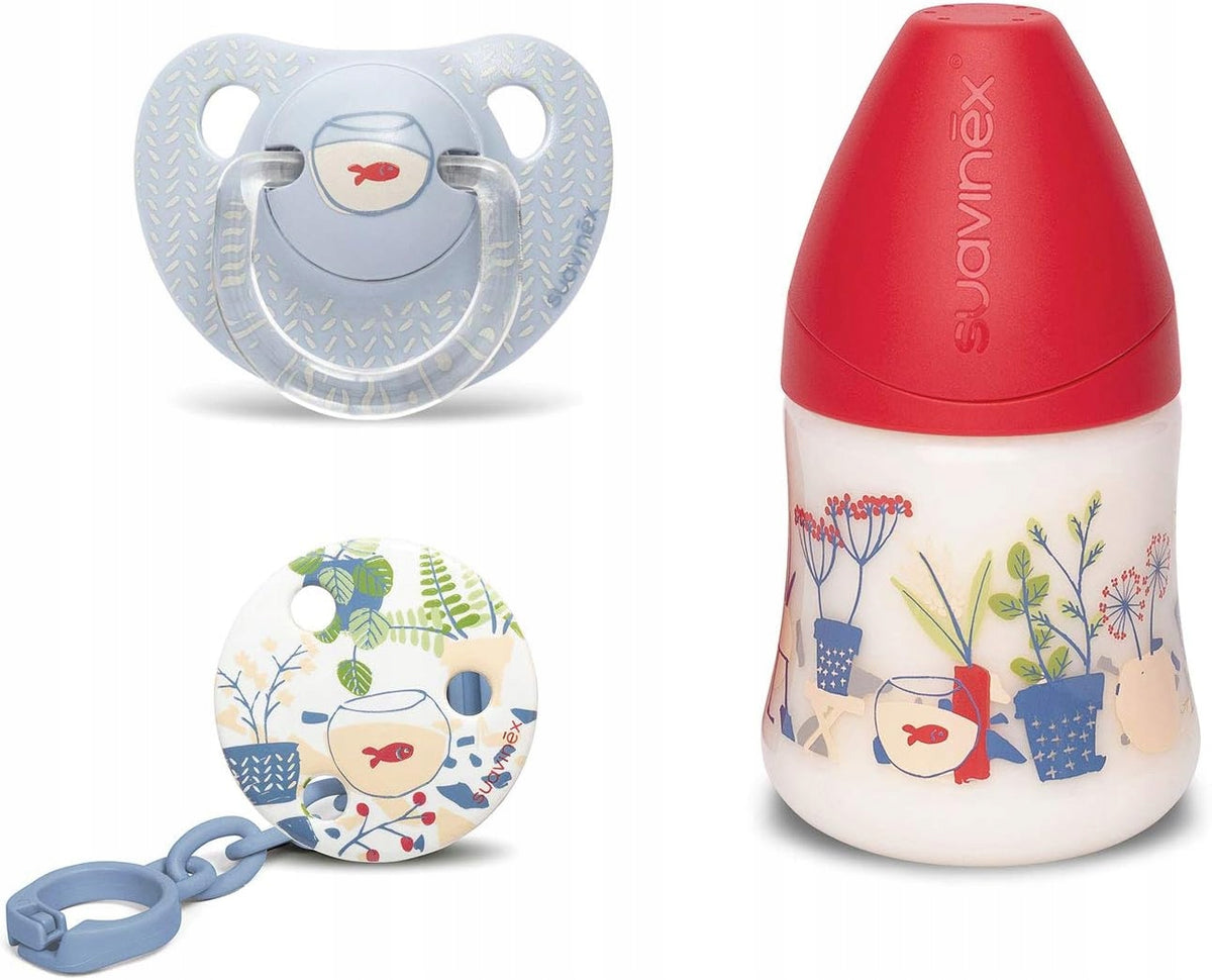 SUAVINEX zestaw startowy dla noworodka 3elementy: butelka 150 ml, smoczek i klips dla niemowląt 0+