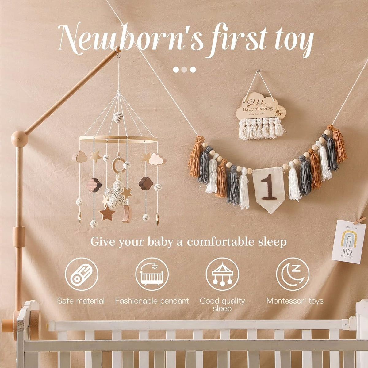 Móvil para cuna SWECOMZE de madera y tela BOHO