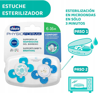 CHICCO PhysioForma COMFORT smoczek x2 6-16m z etui sterylizującym do mikrofali, silikonowy, 0% BPA