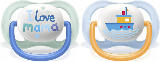 PHILIPS AVENT Ultra Air Happy smoczki x 2 0-6msc z nadrukiem I love mama i statkiem, wolne od BPA