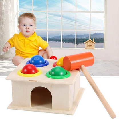 ZERODIS wooden box, hammer and balls 11 x 11 x 6 cm