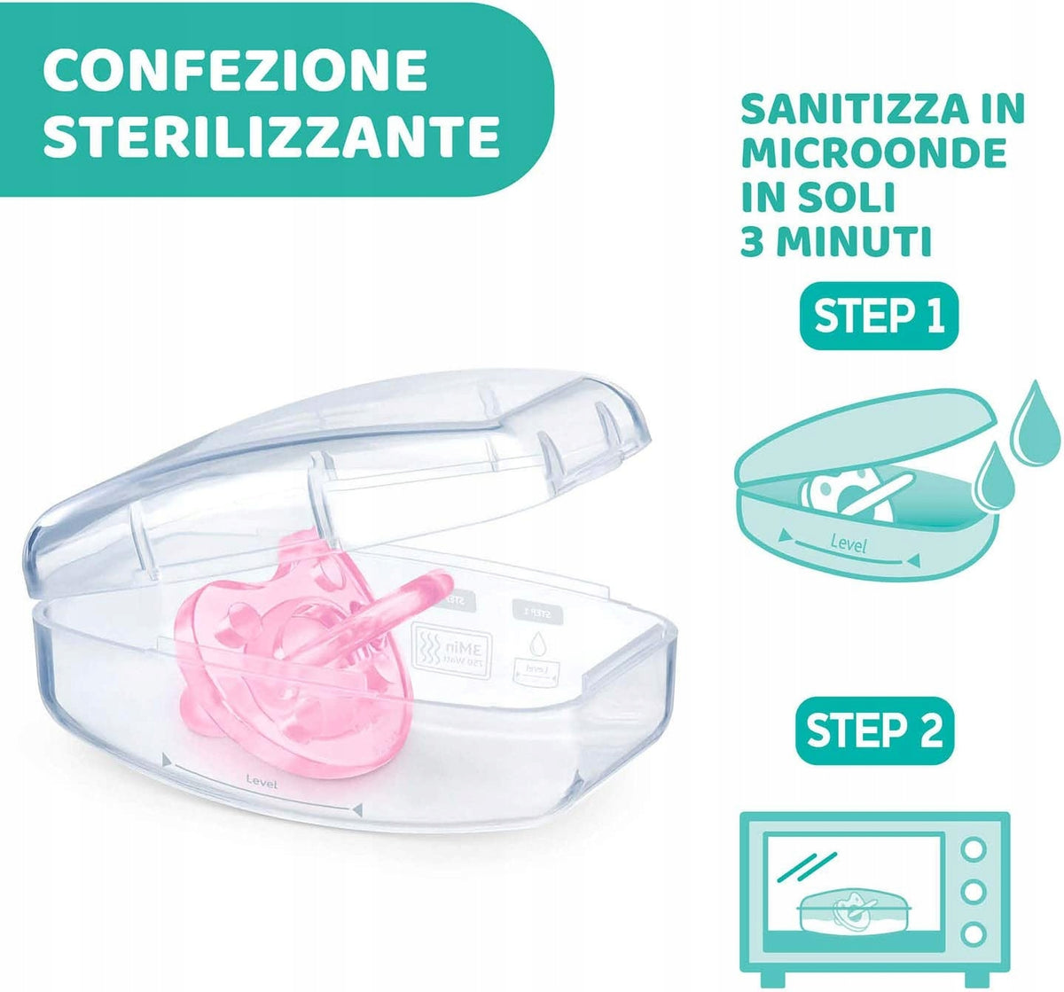 CHICCO PhysioForma smoczek x4 16-36m w sterylizatorze mikrofalowym, szybka dezynfekcja w 3 minuty