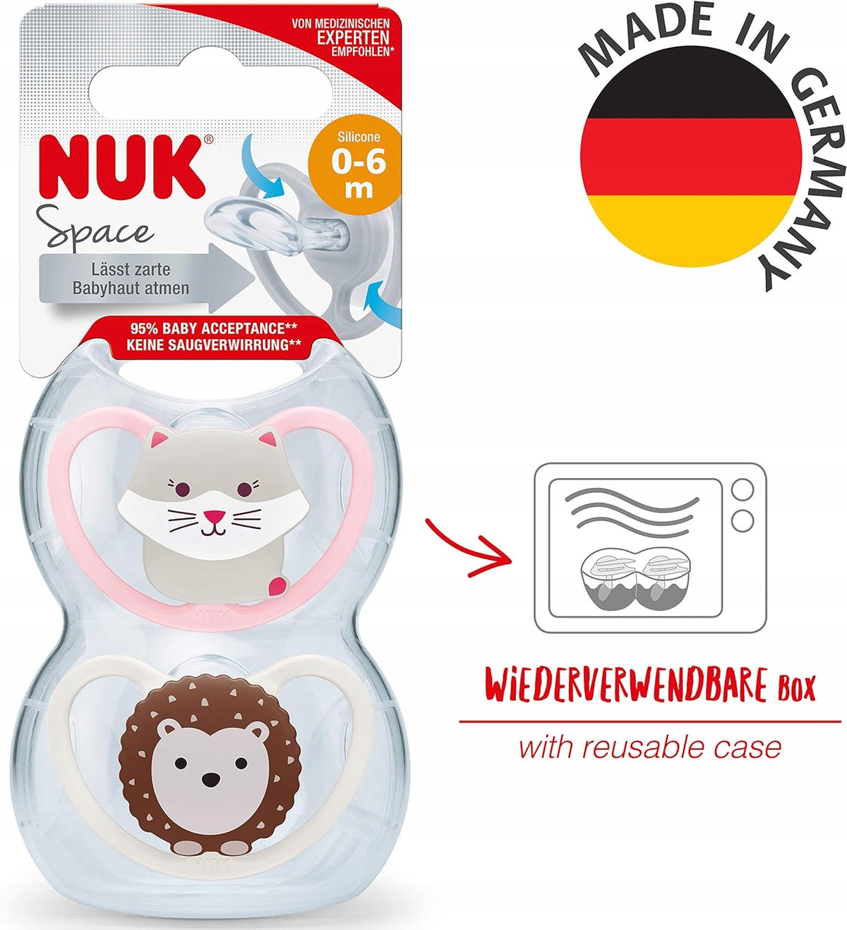 NUK Space smoczek uspokajający silikon x4 0-6msc +box, zestaw 2 smoczków i pudełko do sterylizacji