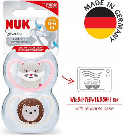 NUK Space smoczek uspokajający silikon x4 0-6msc +box, zestaw 2 smoczków i pudełko do sterylizacji