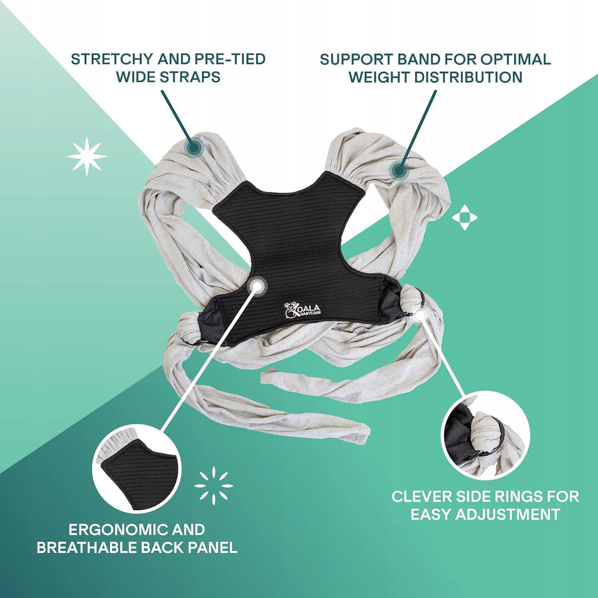KOALA BABYCARE chusta do noszenia dziecka 2w1, ergonomiczne nosidełko z szerokimi paskami i regulacją