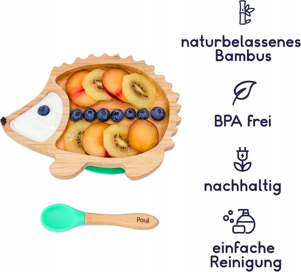 KLEINER FUCHS plato de bambú con ventosa en forma de erizo y cuchara