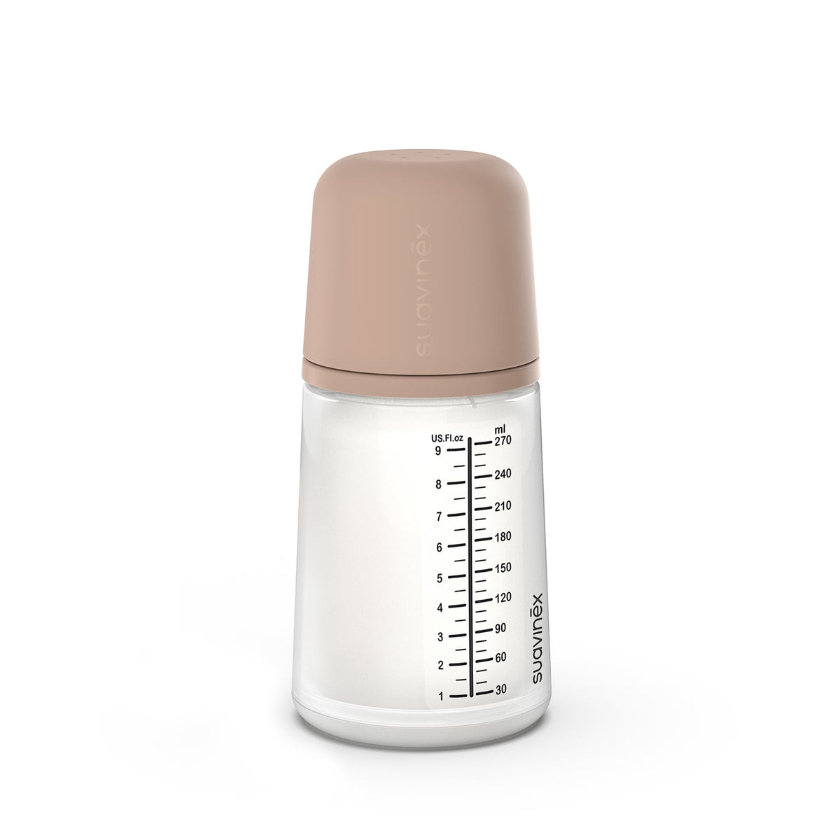 Butelka Suavinex Zero Zero Medium 270 ml z cielistą osłoną założoną na smoczek.