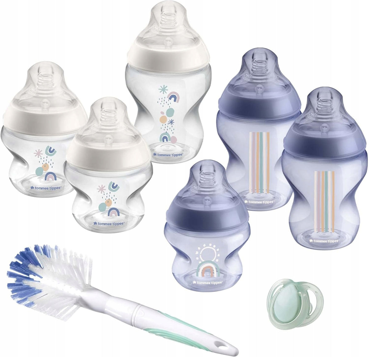 TOMMEE TIPPEE zestaw startowy butelek ANTI-COLIC dla noworodka, 6 butelek, szczotka i smoczek uspokajający