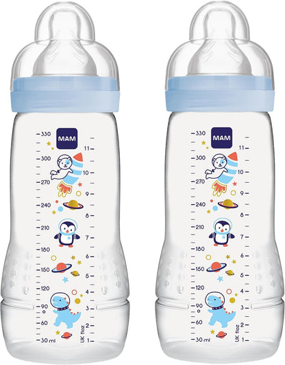 MAM Easy Active zestaw butelek 2x 330 ml 4 m+ smoczek 2 KOSMOS, niebieskie butelki z motywem kosmosu