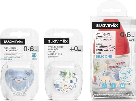SUAVINEX zestaw startowy dla noworodka 3elementy, butelka 150 ml i akcesoria dla niemowląt 0+ miesięcy