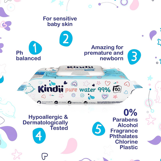 KINDII Pure Water 99 toallitas húmedas con agua x60 unidades