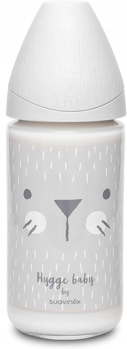 SUAVINEX szklana butelka 240 ml HYGGE 0m+ antykolkowa z motywem misia, silikonowy smoczek