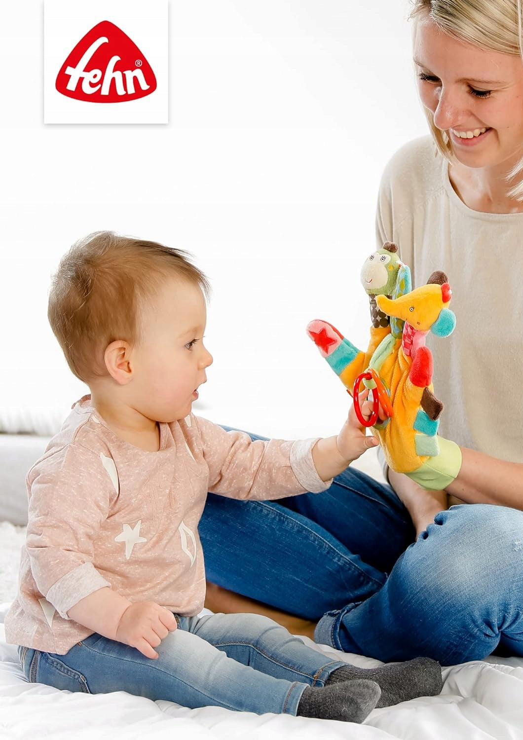 Fehn Safari pacynka sensoryczna z grzechotką, kolorowa zabawka dziecięca z elementami sensorycznymi