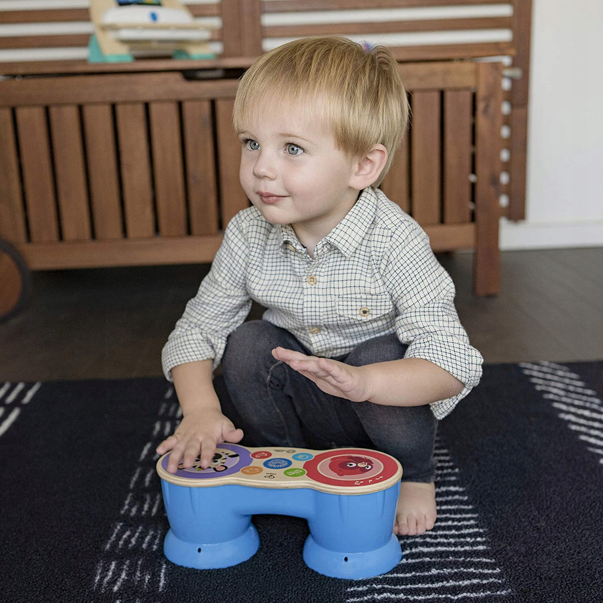 HAPE Magic Touch drewniane BONGO dotykowe dla dzieci 6 m+, niebieskie, do zabawy muzyką bez przycisków