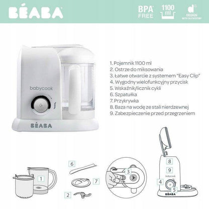 BEABA Babycook ROBOT KUCHENNY 4w1 parowar, mikser biały, pojemność 1100 ml, BPA free, z szpatułką i przykrywką