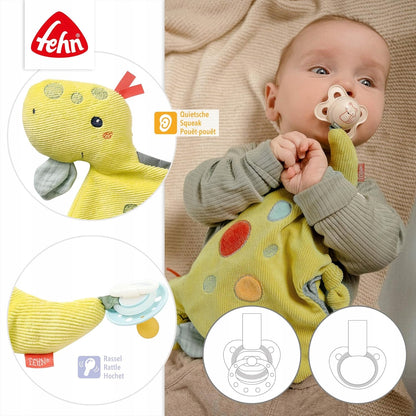 FEHN Happy Dino komforter przytulanka DINOZAUR 30 cm uchwyt smoczka dla niemowląt z gryzakiem i grzechotką
