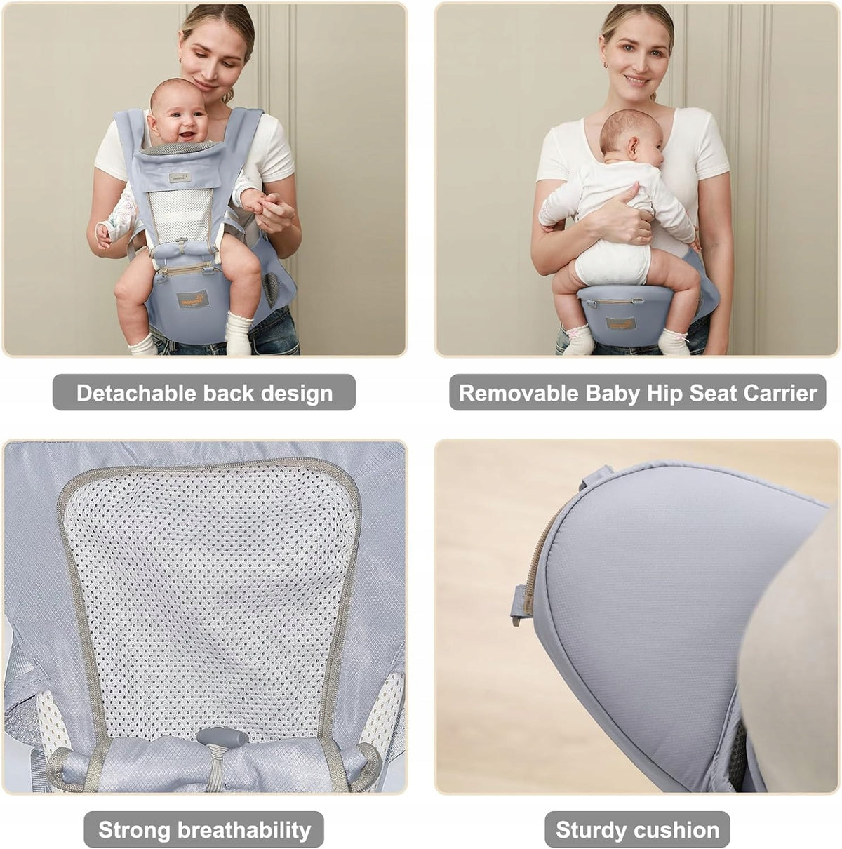 GROWNSY nosidełko ergonomiczne z pasem biodrowym 6w1, szare, oddychające i z odpinanym siedziskiem hip seat