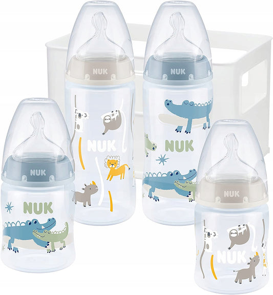 NUK First Choice+ set includes 2 bottles 150 ml (S teats), 2 bottles 300 ml (M teats) and a basket