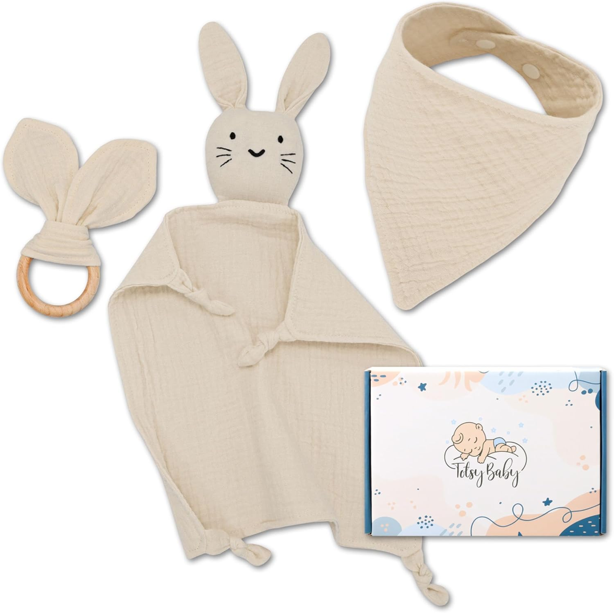 TOTSY BABY mousseline comforter en slabbetje, houten bijtring 27x27 cm KONIJN