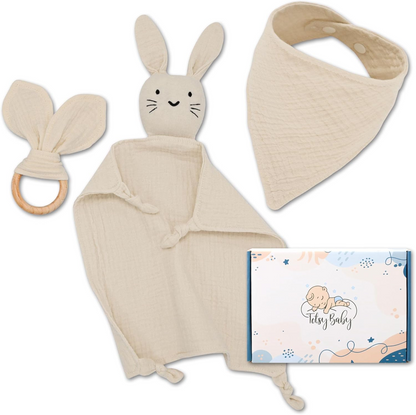 TOTSY BABY mousseline comforter en slabbetje, houten bijtring 27x27 cm KONIJN