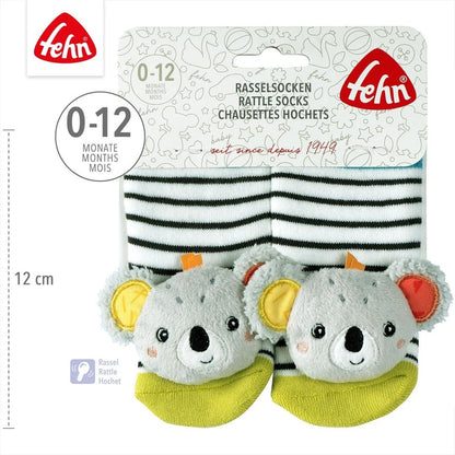 Fehn Koala skarpetki z grzechotką dla dzieci 0-12 miesięcy, miękkie skarpetki dziecięce z koalą