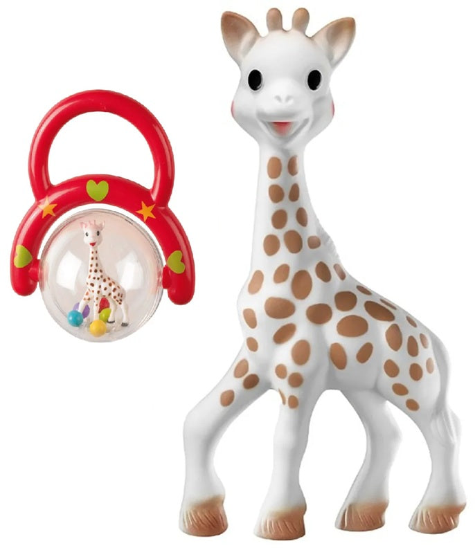 GIRAFFE SOPHIE Set voor baby's natuurlijke bijtring + rammelaar