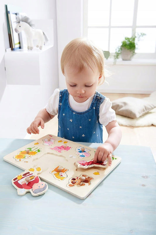 HABA houten insteekpuzzel 8 stukjes 21 x 30 cm BABY EN HAAR DIEREN