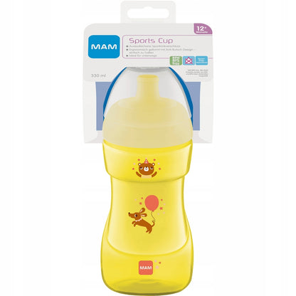 MAM Sports Cup bidon 330 ml 12msc+ żółty bidon dla dzieci 12+ miesięcy BPA free z ergonomiczną nasadką