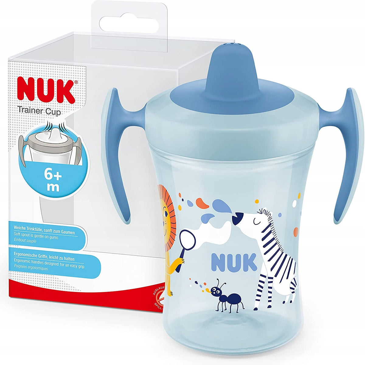 NUK Trainer Cup KUBEK NIEKAPEK lew i zebra 6 m+ 230 ml, niebieski kubek z uchwytami i zwierzętami