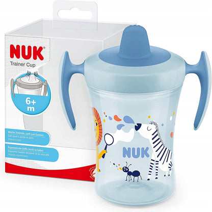 NUK Trainer Cup KUBEK NIEKAPEK lew i zebra 6 m+ 230 ml, niebieski kubek z uchwytami i zwierzętami