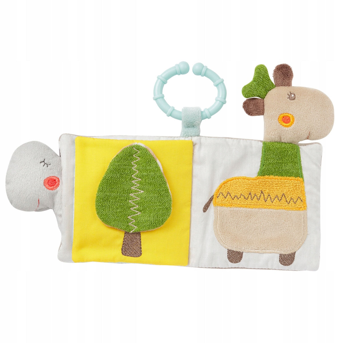 FEHN Loopy&Lotta książeczka sensoryczna ZAWIESZKA 13 x 17 cm, miękka zabawka z lusterkiem i grzechotką