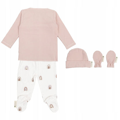 BIMBI CASUAL zestaw półśpioch kaftanik 5el. 1-3msc różowy, bawełna organiczna, czapeczka i rękawiczki