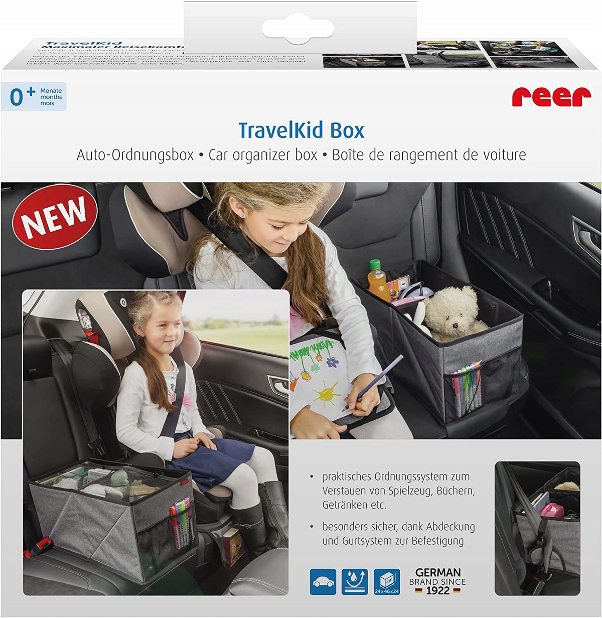 REER TravelKid organizer składany do samochodu, organizer na tylne siedzenie z miejscem na zabawki, książki i napoje